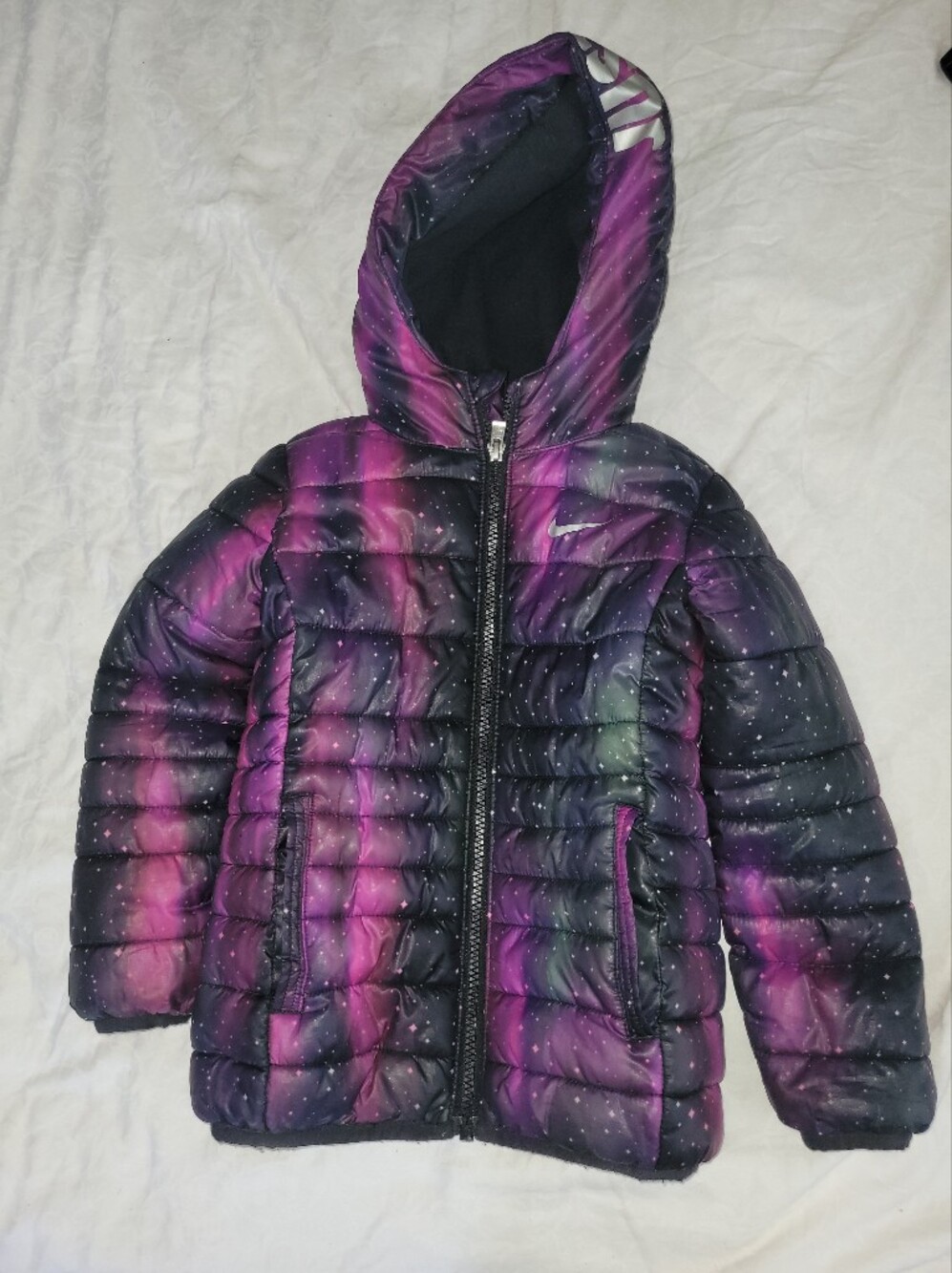 Nike Kids Galaxy-Print Hooded Puffer Jacket in Purple and Black